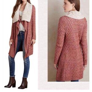 Anthropologie Knitted & Knotted Open Front Cardigan Heather Rose Cream Collar XS